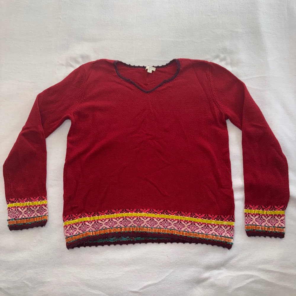 90s J Jill Red Sweater Sequin Velvet Trim Wool Womens M Vintage Hong Kong Boho